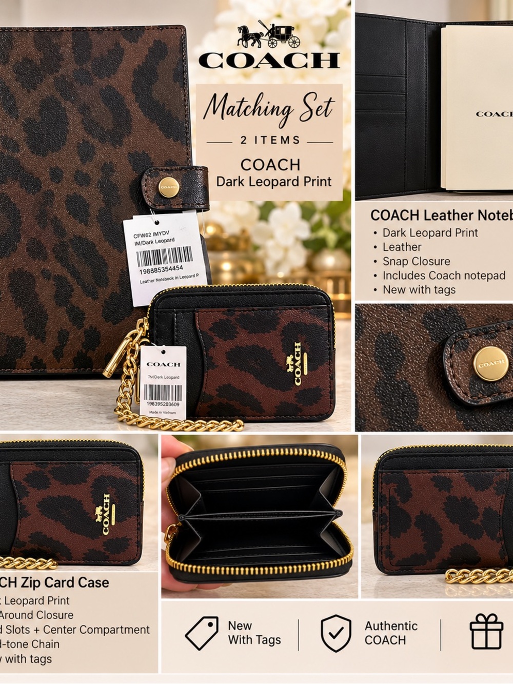 COACH Dark Leopard Print Leather Notebook & Zip Card Case Set - Brown/Black